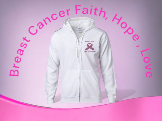 Breast Cancer Zip Hooded Sweatshirt / Faith, Hope, Love
