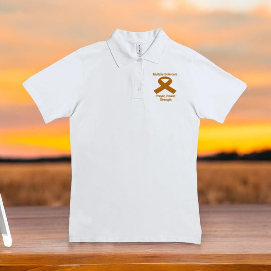 Women Polo Multiple Sclerosis Shirt- Prayer, Power, Strength