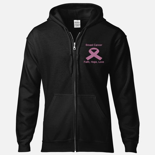 Breast Cancer Zip Hooded Sweatshirt / Faith, Hope, Love